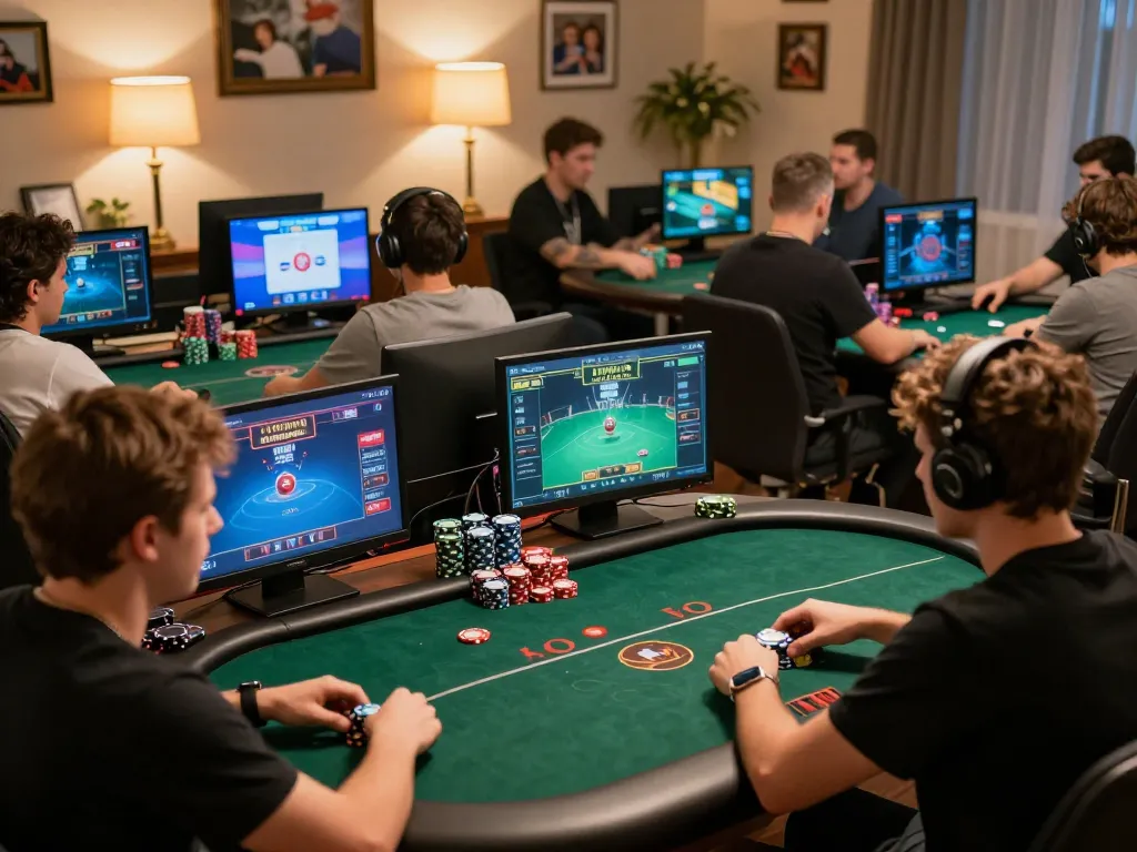 Players enjoying an engaging online poker game, showcasing cm8888 excitement with vibrant screens and cozy home atmosphere.