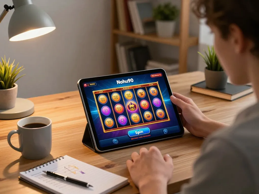 Nohu90 slot app in use on a cozy home tablet gaming setup, emphasizing strategic online gaming.