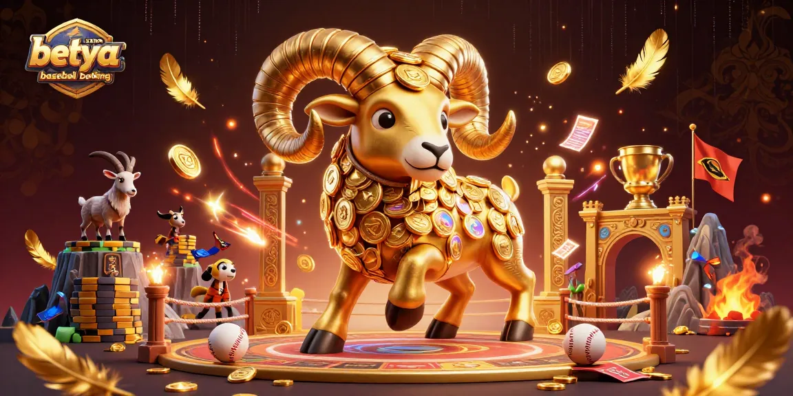 Betya.com baseball betting scene with a golden ram charging at a gate, showcasing dynamic betting elements.