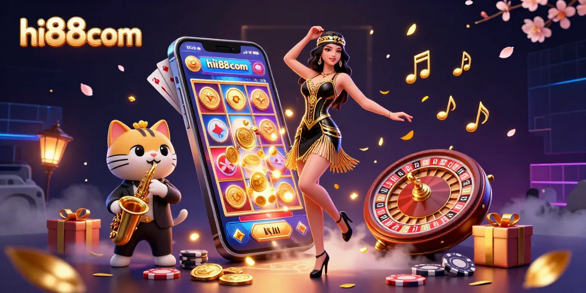Experience thrilling wins at hi88com with a vibrant illustration of casino gaming elements and characters.