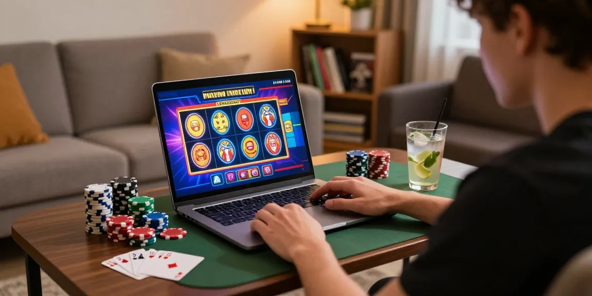Engaging scene of an Australian player enjoying online casinos australia experience with vibrant game graphics and poker chips.