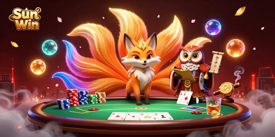 Engage in thrilling gameplay at Sun Win, where a colorful nine-tailed fox spirit encounters wise sage in a lush casino.