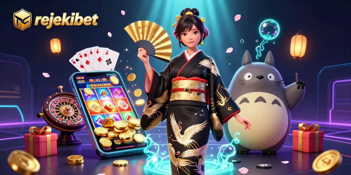 Experience exciting wins with rejekibet in this vibrant 3D casino illustration featuring slot games and wealth symbols.