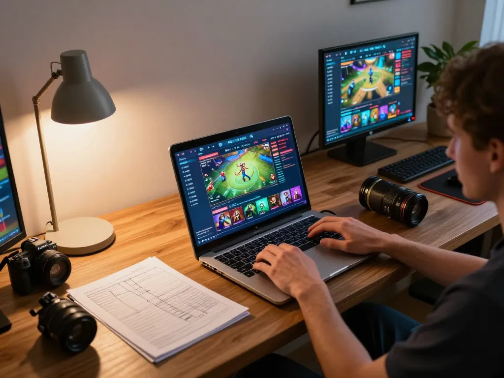 Engaging online gaming experience at lucky88 with laptop and strategy notes in a cozy, inviting setting