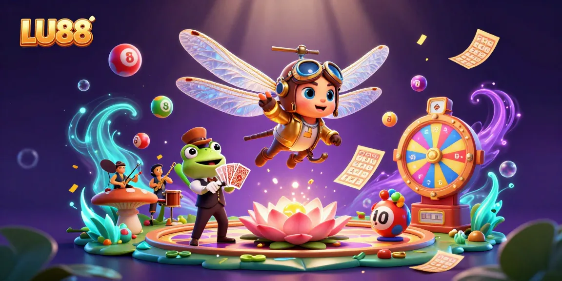 LU88 captivates players with a lively casino scene featuring a dragonfly pilot and a frog croupier.