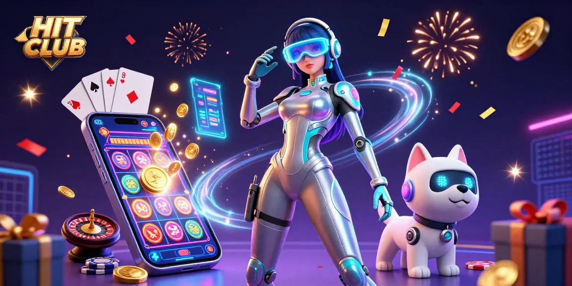Experience thrilling gameplay at HIT CLUB with a dynamic illustration featuring a futuristic woman and her robot dog in a vibrant casino setting.