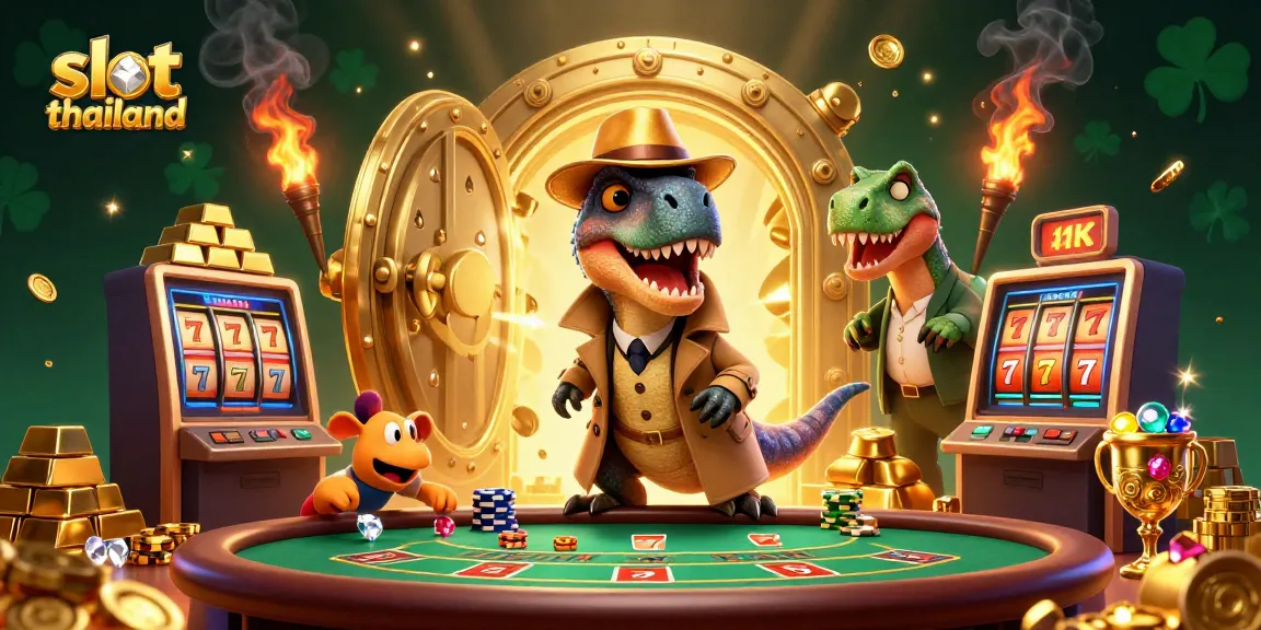 Experience thrilling slot thailand gameplay with a velociraptor card counter at a blackjack table in a vibrant casino scene.