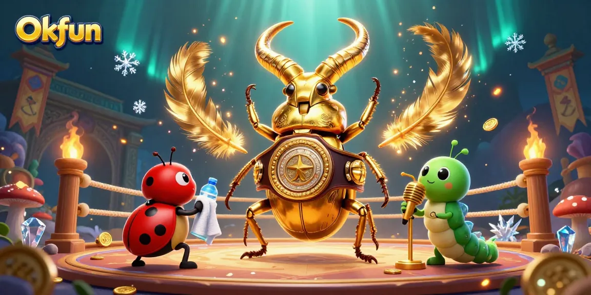 Okfun brings excitement to gaming with a dynamic scene of a golden stag beetle boxing champion.