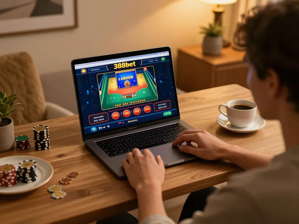 Engaging gameplay on 388bet casino displayed on a sleek laptop in a cozy home setting.