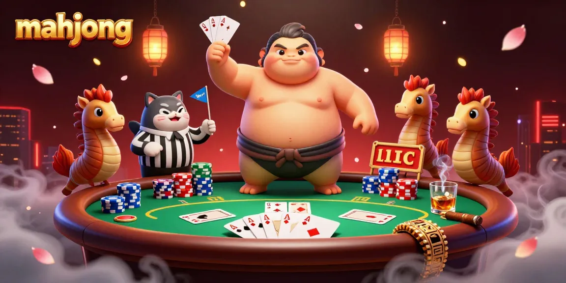 Engage in mahjong action amid vibrant casino elements, featuring a fugu character, poker chips, and dramatic atmosphere.