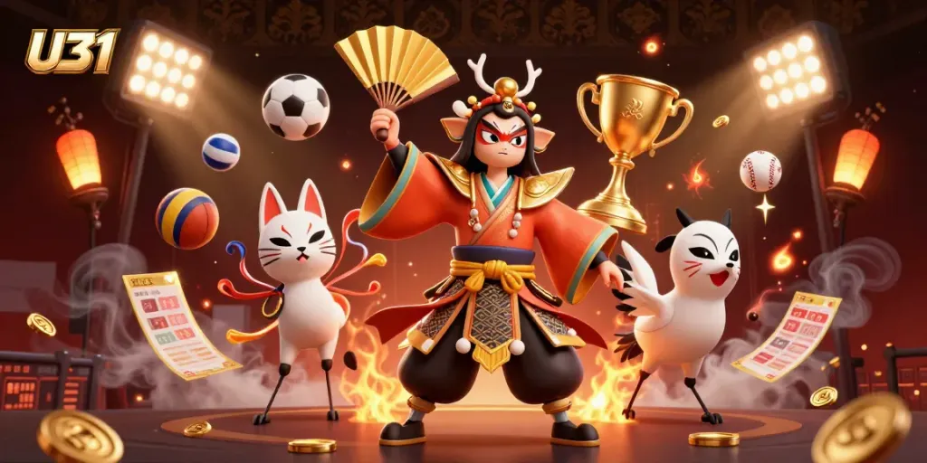 Experience U31 excitement with dynamic gaming elements and vibrant characters in this colorful casino scene.