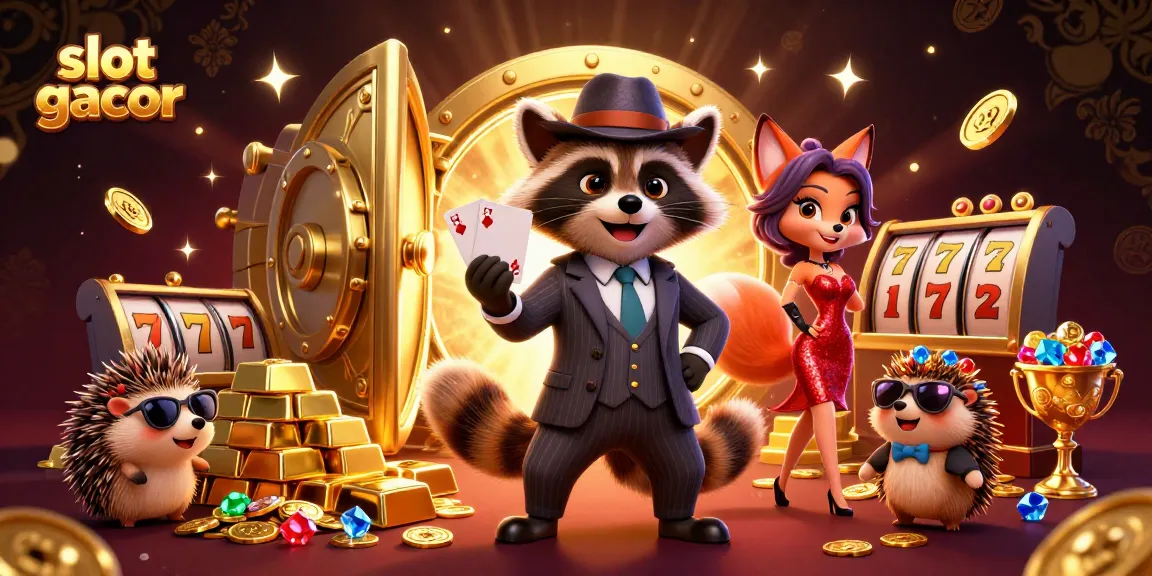 Experience thrilling slot gacor gameplay with illustrated raccoon and fox characters amid dazzling casino elements.