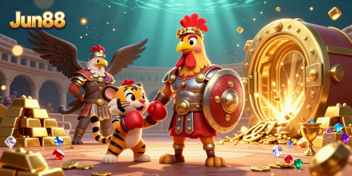 Experience the excitement of Jun88 with a vibrant 3D scene showcasing casino elements and epic characters.