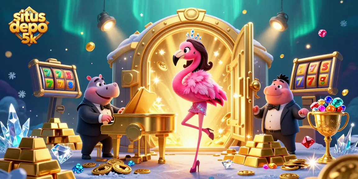Sparkle-filled scene showcasing situs depo 5k with vibrant characters and casino elements like slot reels and gemstones.