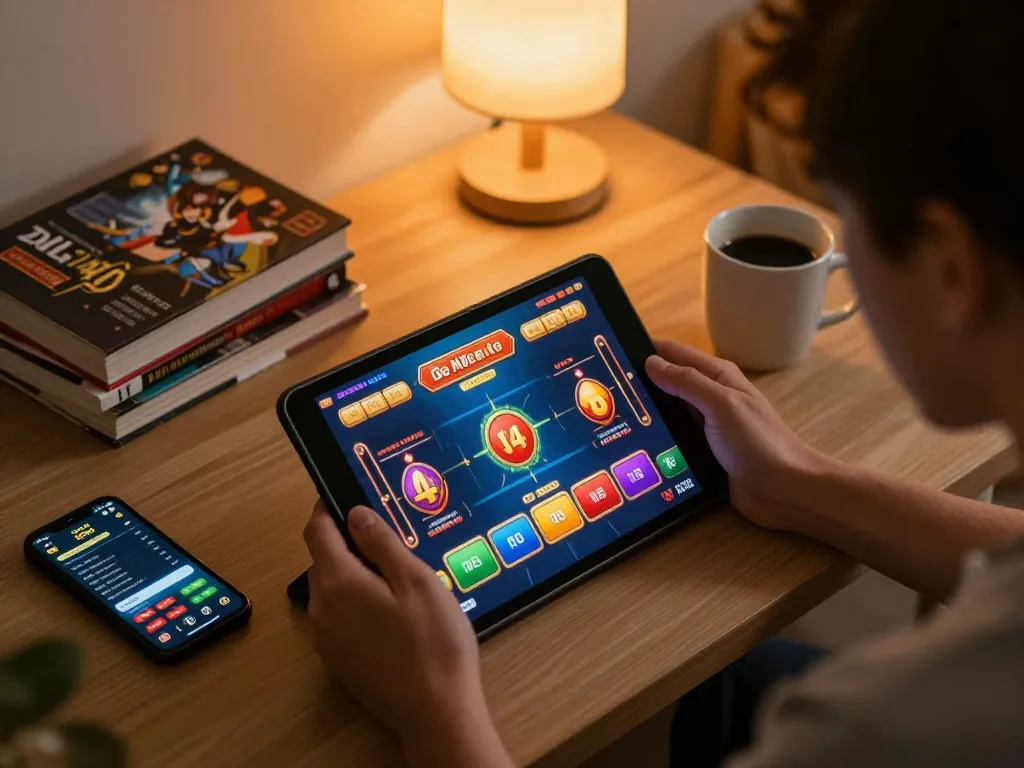 Player engaging with interactive games on oli 4d platform in a cozy living room setting
