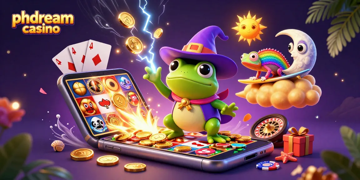 Exciting phdream casino scene with a wizard frog, chameleon, and gaming elements surrounding them