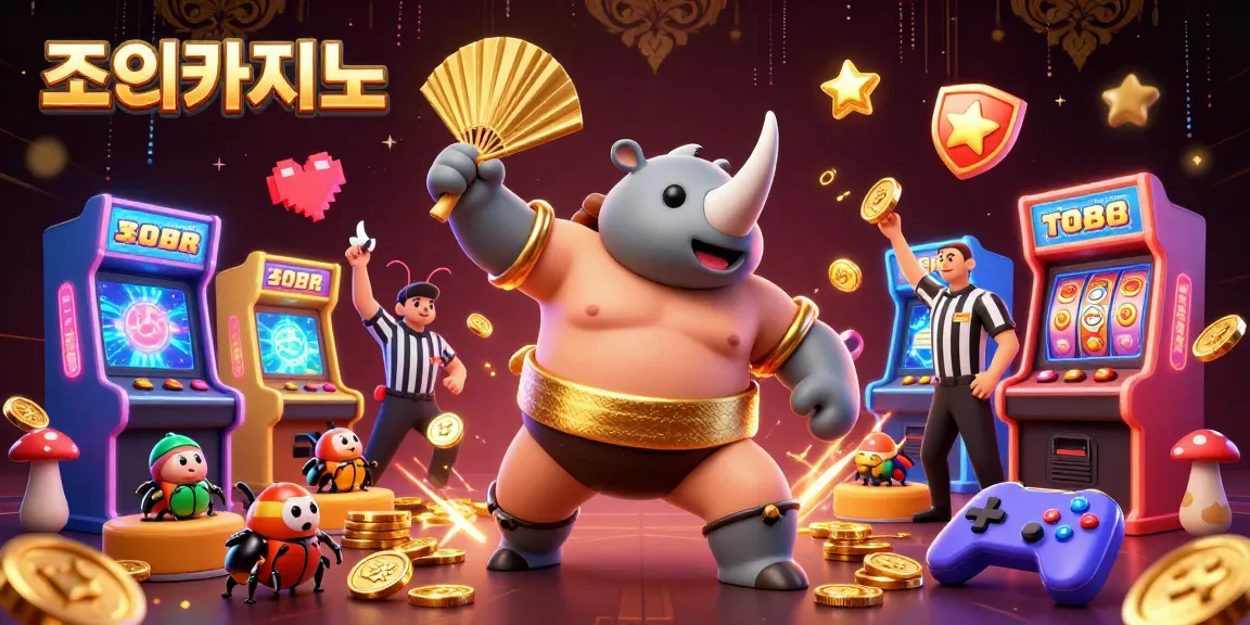 Experience the excitement of 조이카지노 as the sumo champion beetle stomps coins in a vibrant casino scene.