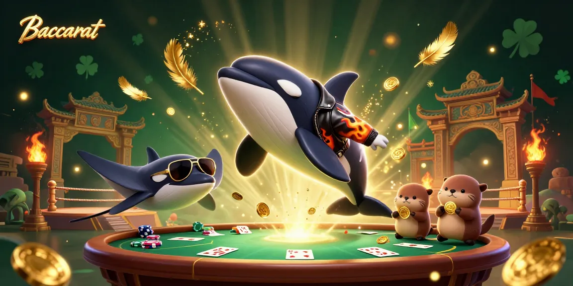 Baccarat table featuring an orca whale, stingray, and sea otters in a lively casino setting.