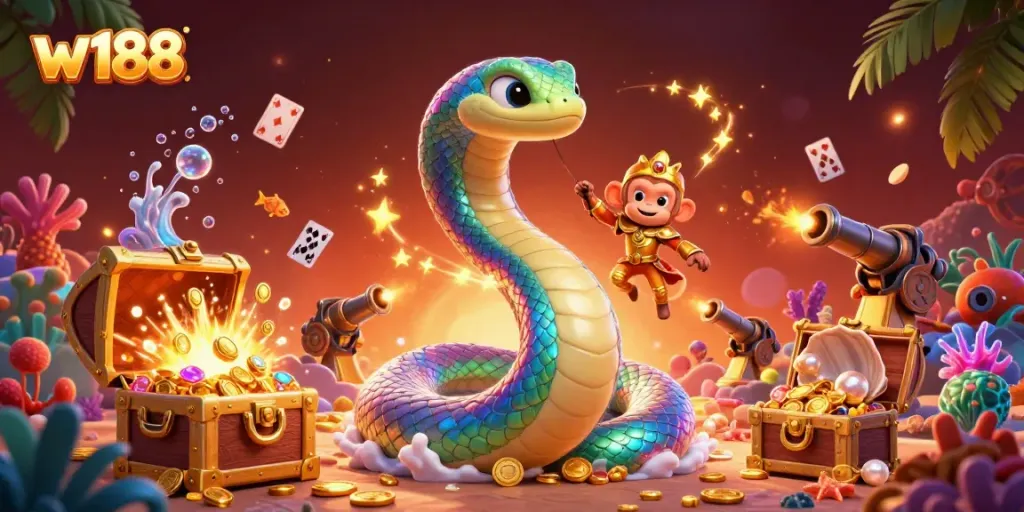 Win big with w188 as the rainbow serpent and monkey king create a vibrant casino adventure.