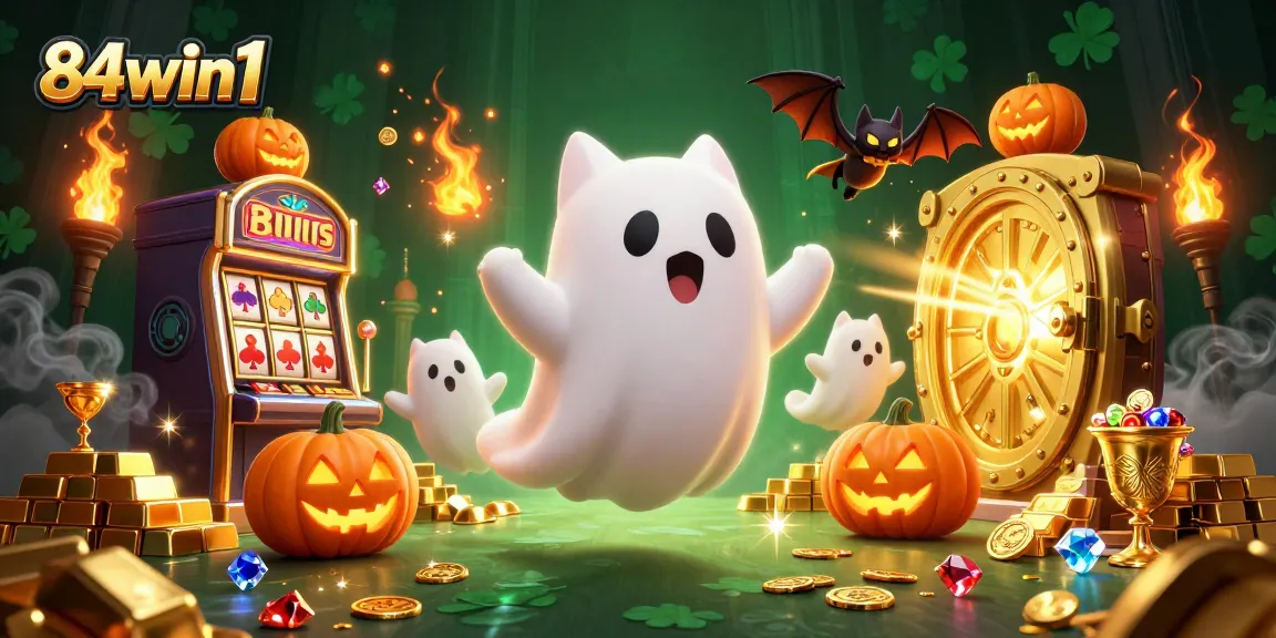 Experience thrilling gameplay with 84win1 in a vibrant haunted casino scene featuring ghostly characters and treasures.