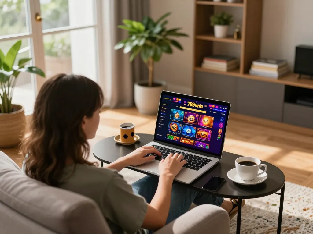 Engaged player accessing the 789win online casino from a cozy home setup with laptop and coffee.