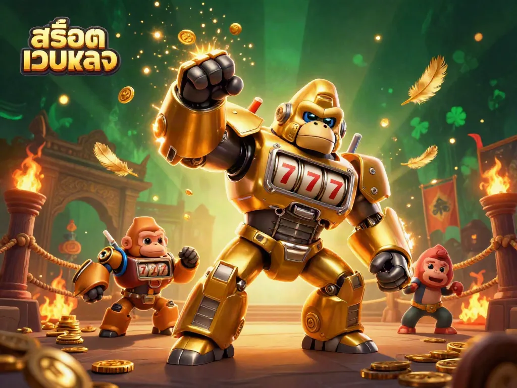เกมสล็อตออนไลน์ สล็อตเว็บตรง มีฉากที่มีหุ่นยนต์กอริลลาทองคำและส่วนประกอบคาสิโน