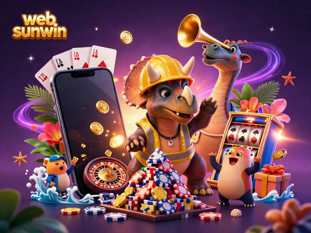Join the excitement at web sunwin with a lively 3D illustration of a triceratops, celebrating casino vibes amidst vibrant game elements.