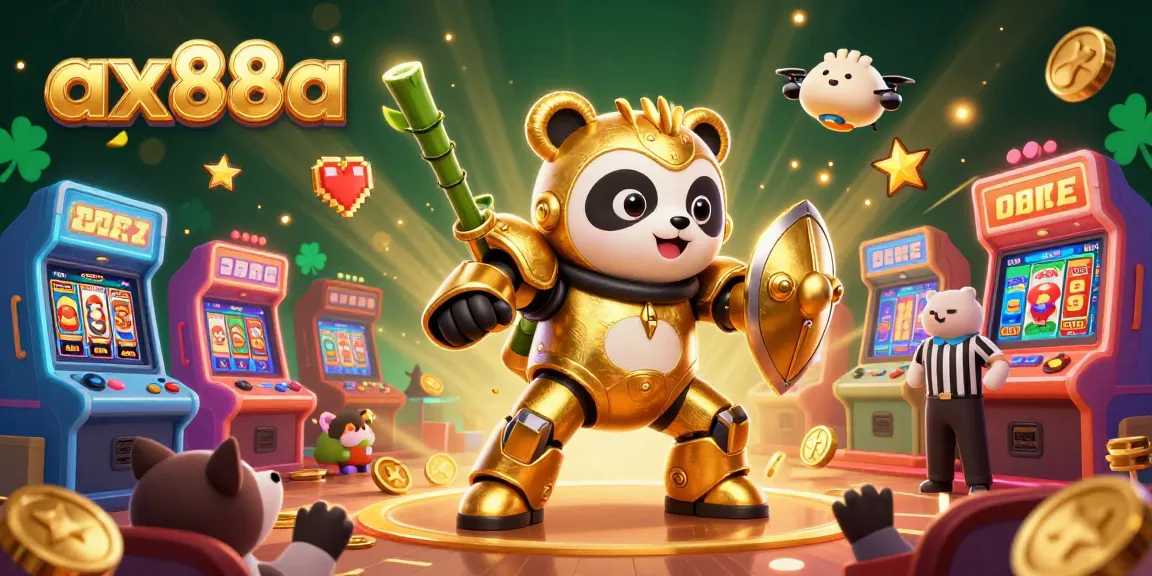 Engage in thrilling gameplay at ax88a, where a golden panda pilots a gaming robot in a vibrant casino arena.