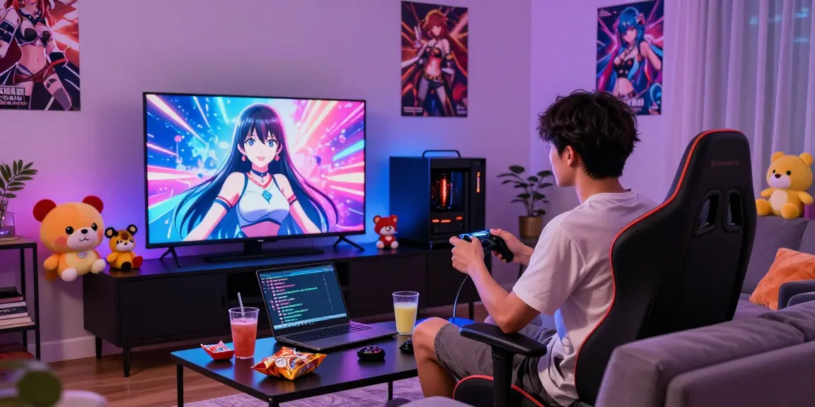 Gamer enjoying ecchi games in a cozy modern living room setting with snacks and gaming gear.