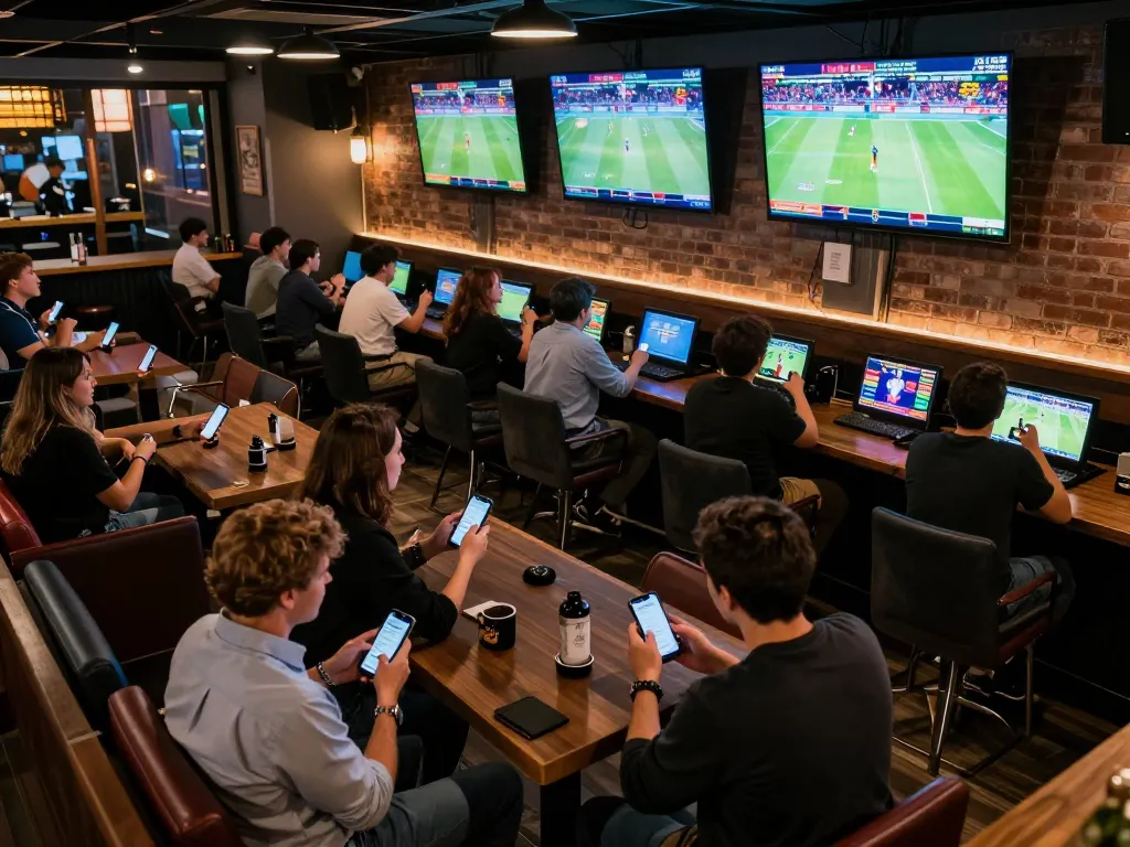 Soi kèo analysis in a vibrant sports betting bar with fans using apps to place bets.