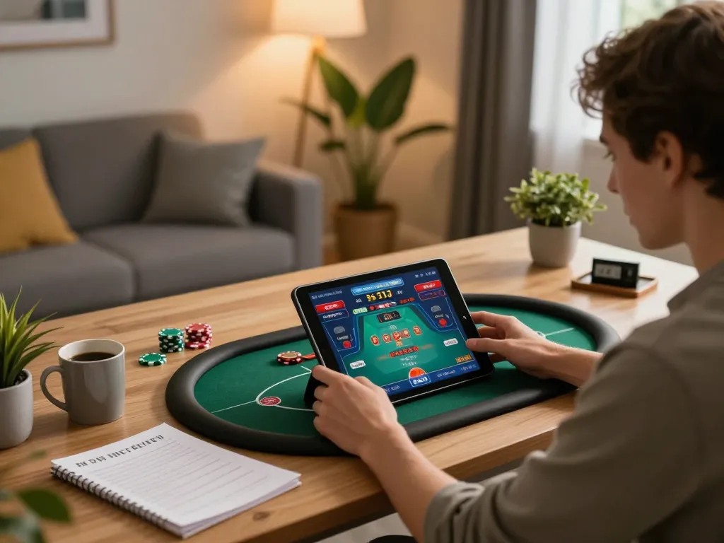 Engaging in the iwin poker game on a tablet in a cozy home gaming setup