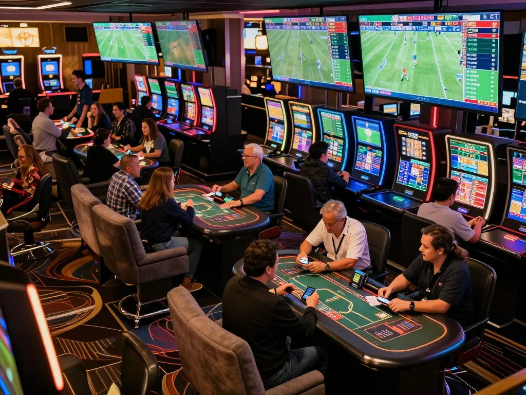 Engaged sports bettors excitedly placing wagers on NOWGOAL live match scores in a vibrant casino atmosphere.
