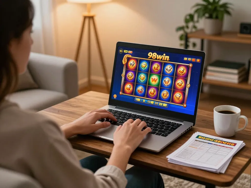 Engaging online gaming experience with 98win as player enjoys colorful slot games.