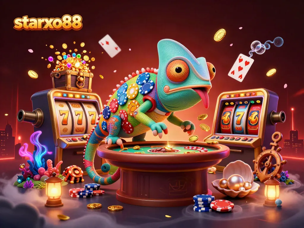 Experience the excitement of starxo88 slots with a vibrant 3D illustration featuring a lively casino scene.