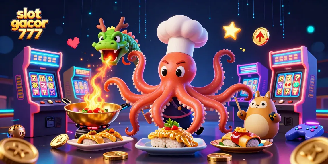 Play exciting slots with slot gacor 777 featuring a sushi chef octopus and dynamic casino elements.