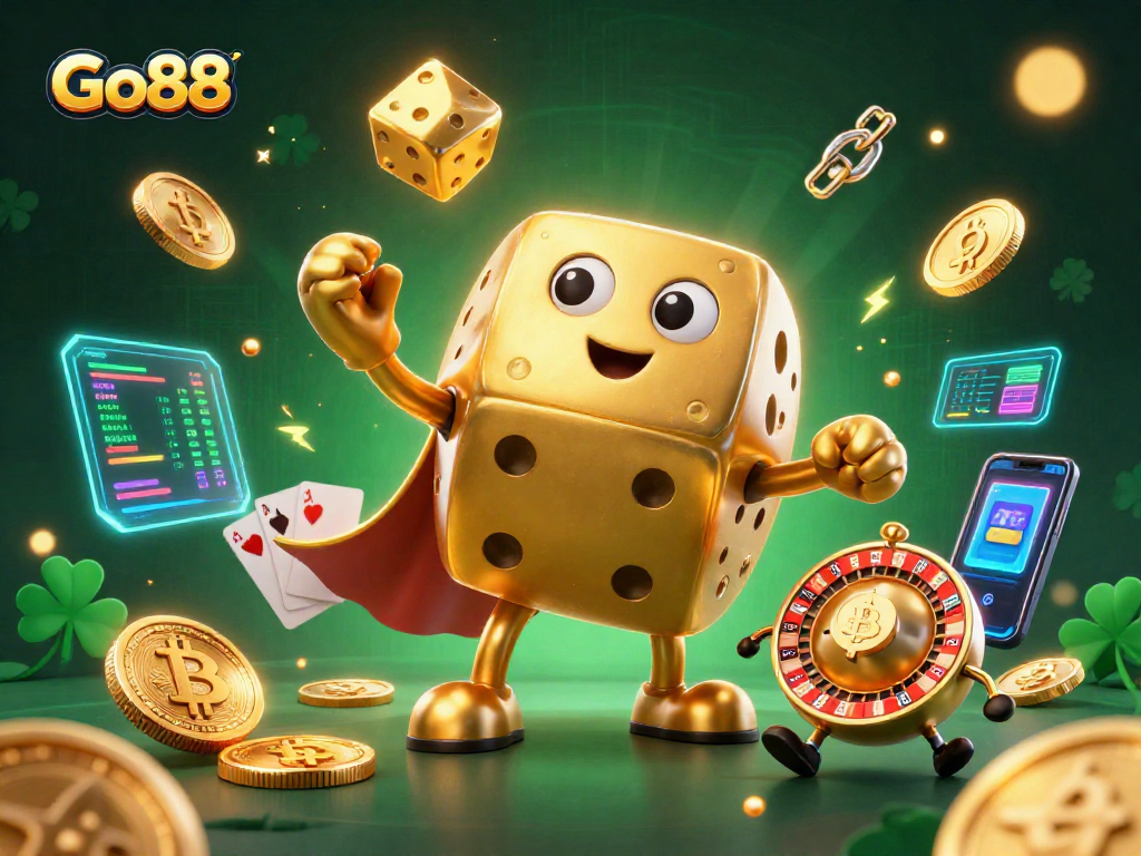 Experience the thrilling games collection at Go88 with a vibrant 3D illustration highlighting casino excitement.