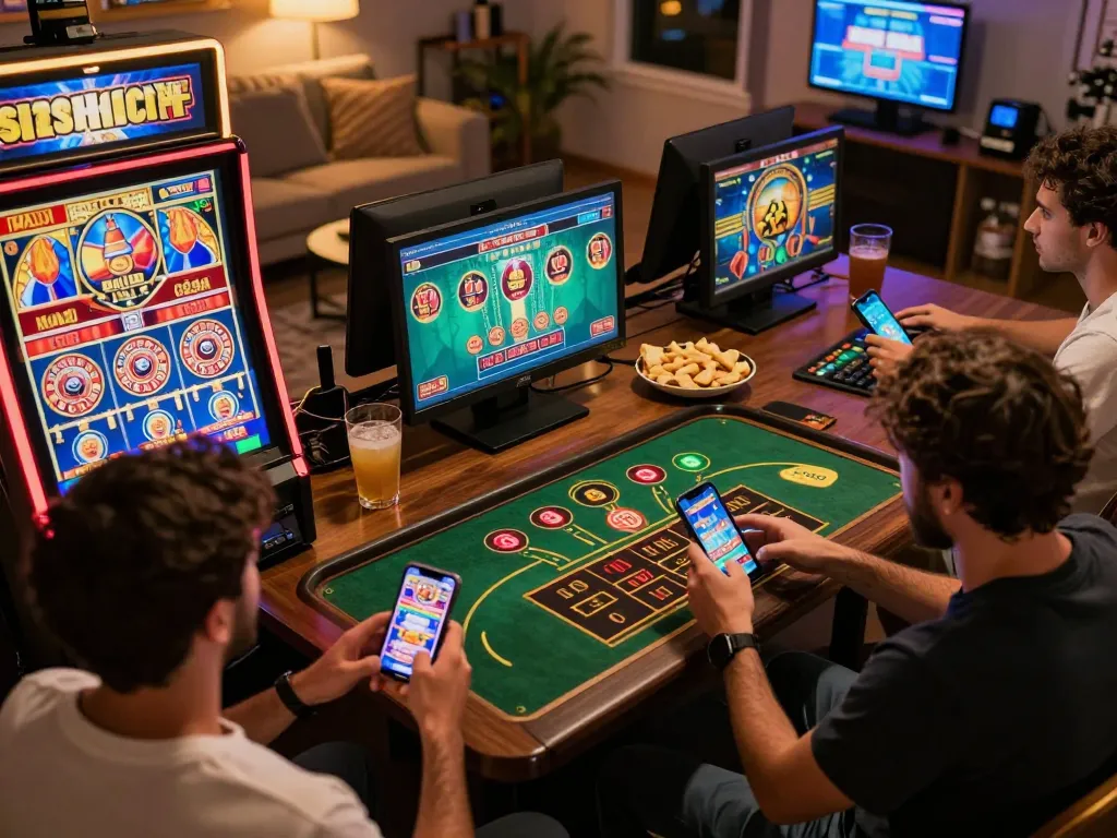 Engaging moment with players using their devices for online casino gaming, focusing on tr88 excitement and strategies.