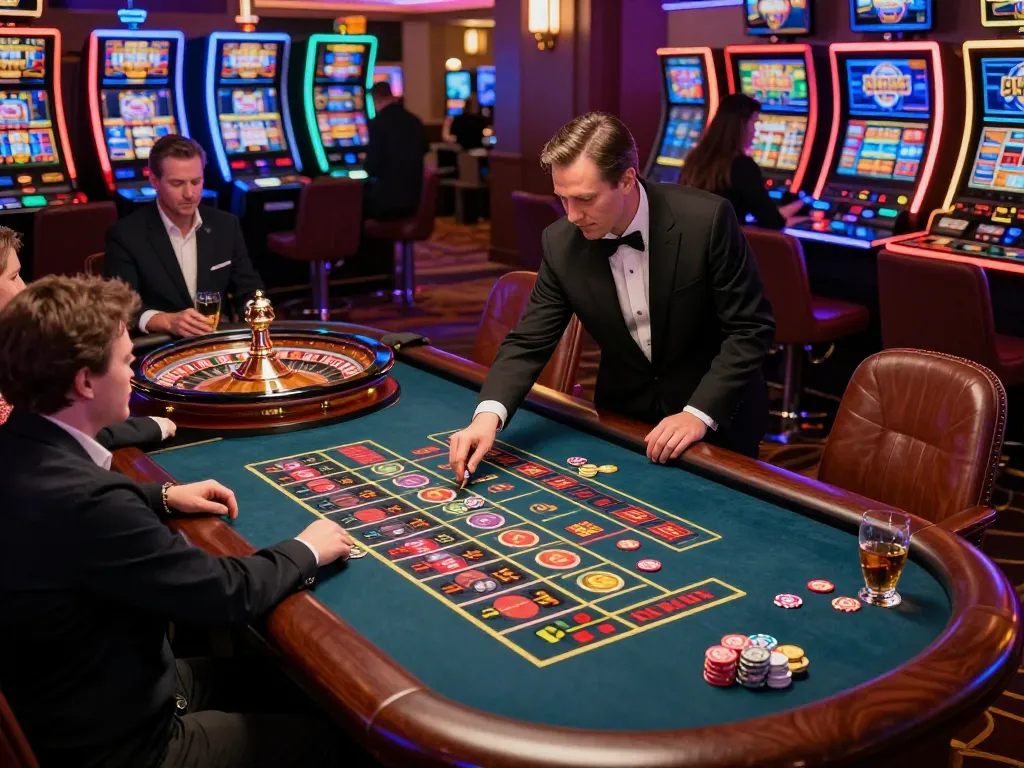 DOLA88 players placing bets at a luxurious roulette table in an upscale casino.