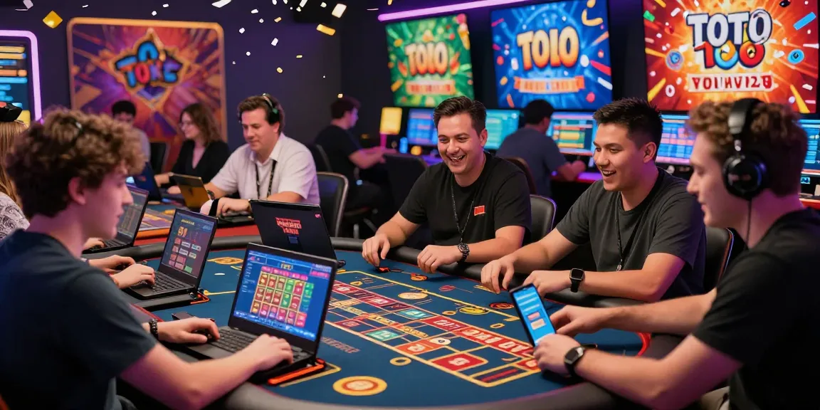 Excited players engaging in Toto online gaming, colorful banners and devices visible.