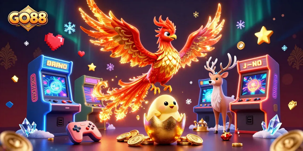 Experience the thrill of GO88 with vibrant gaming elements and captivating characters in this exhilarating illustration.