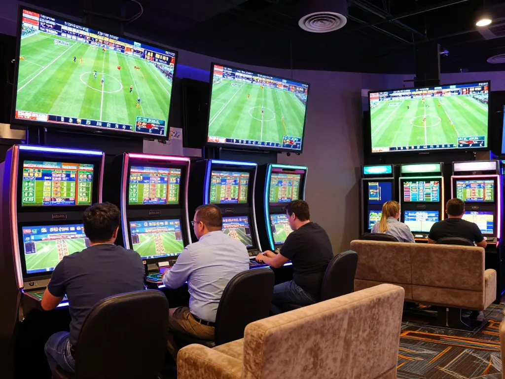 Dynamic sports betting scene displaying tỷ lệ bóng đá kèo nhà cái on LED screens, enthusiastic bettors placing bets
