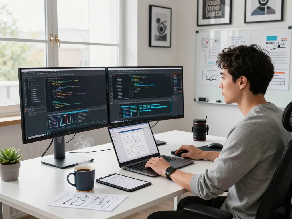 Developer using OpenClaw personal AI assistant in a modern tech workspace with multiple screens and gadgets.