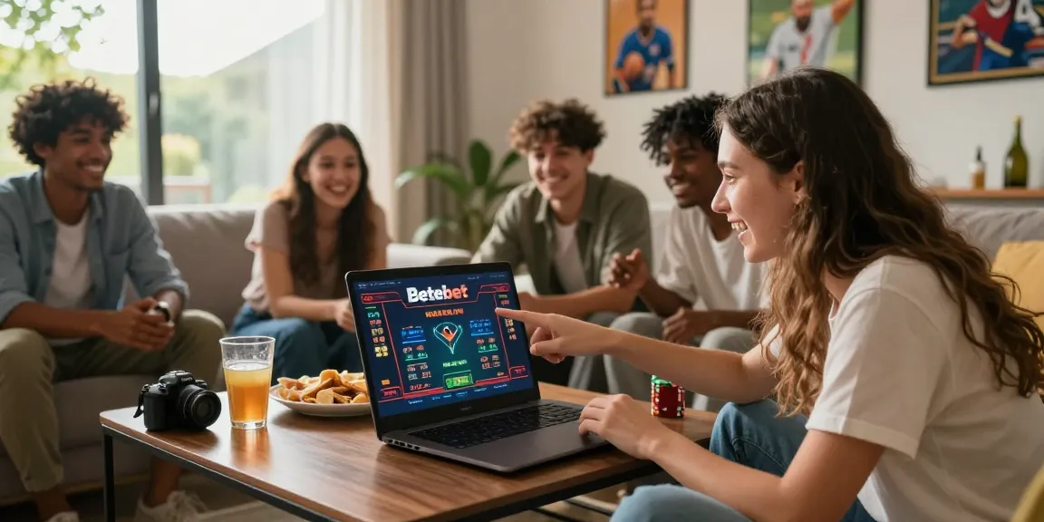 Friends enjoying betting on Betebet platform with drinks and snacks in a cozy setting.