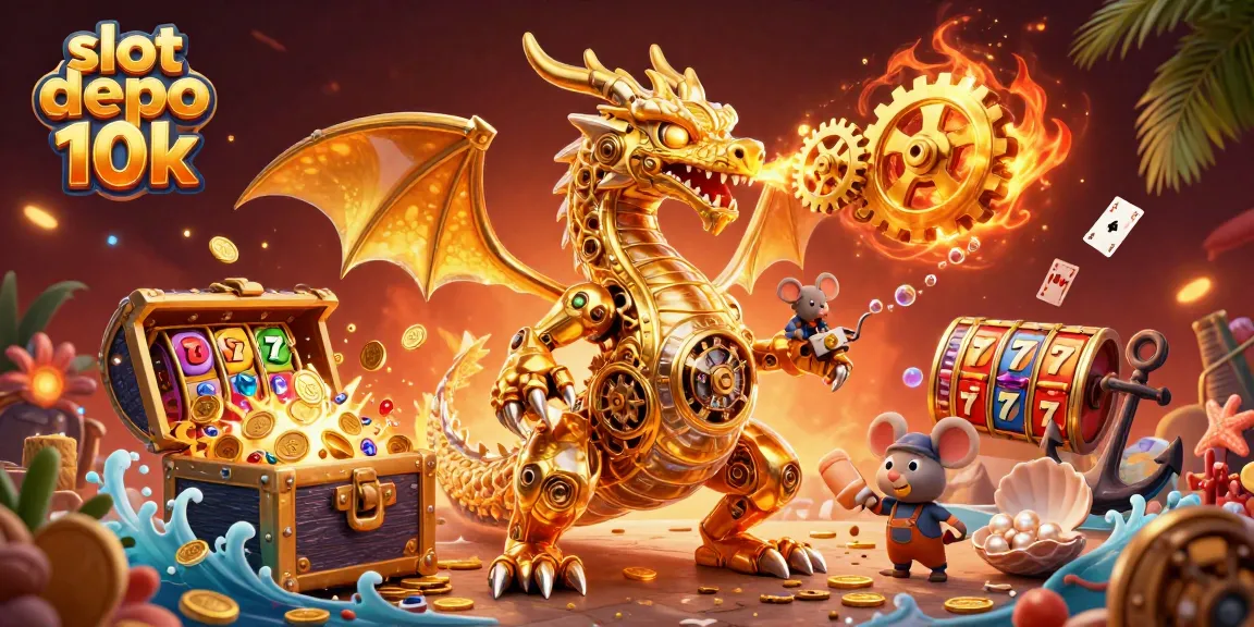 Experience exciting gameplay with slot depo 10k as a golden dragon breathes gears in a vibrant casino scene.