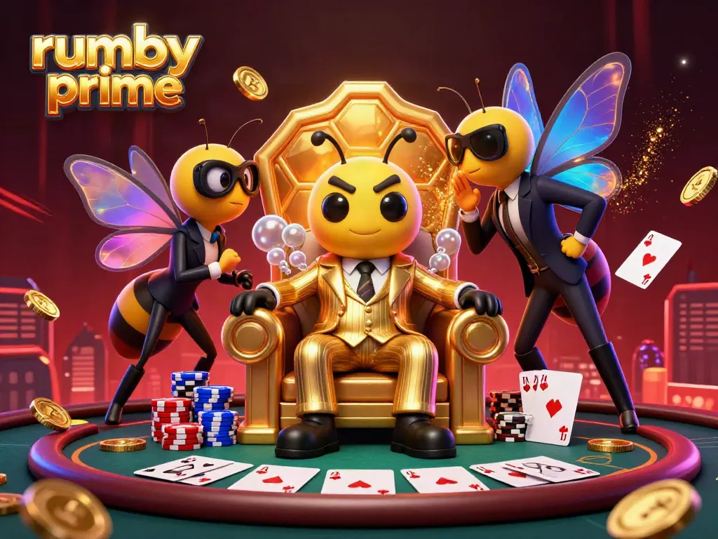 Rummy Prime app featuring a lively scene with a cartoon mob boss and playing cards in vivid colors.