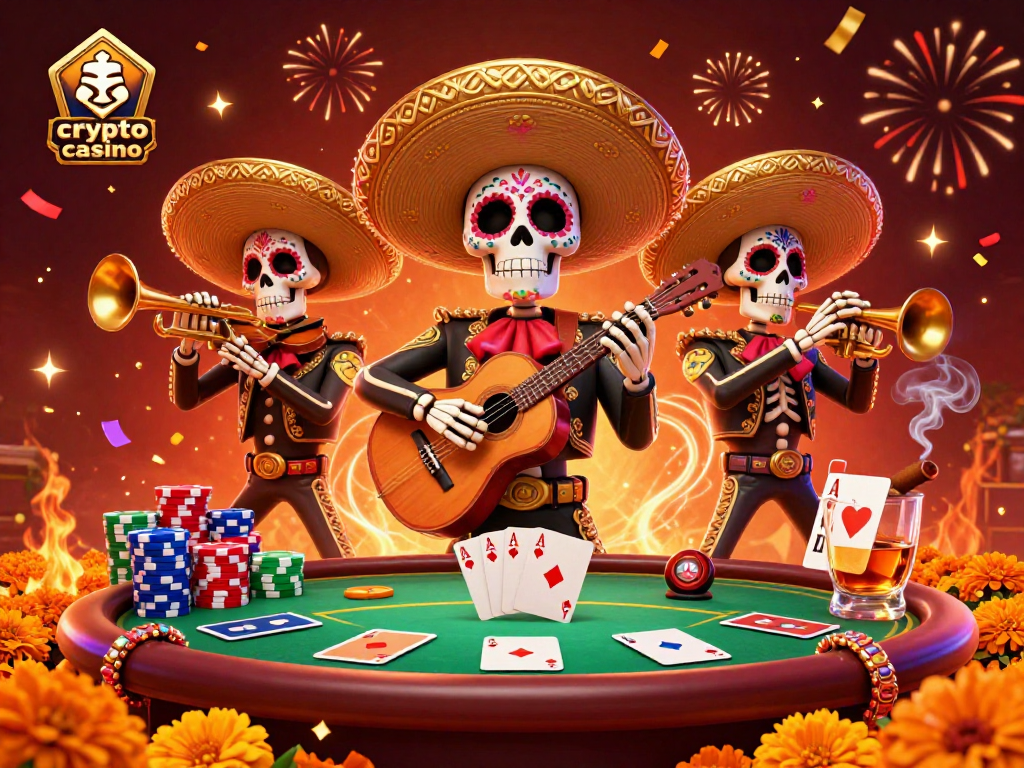 Celebrate gaming success at a vibrant crypto casino with a lively Day of the Dead mariachi band.