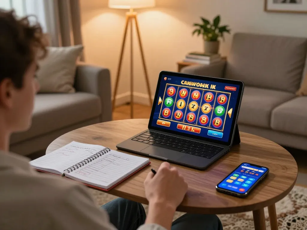 Player enjoying online gambling on VN789 platform in a cozy home setting with strategic notes.