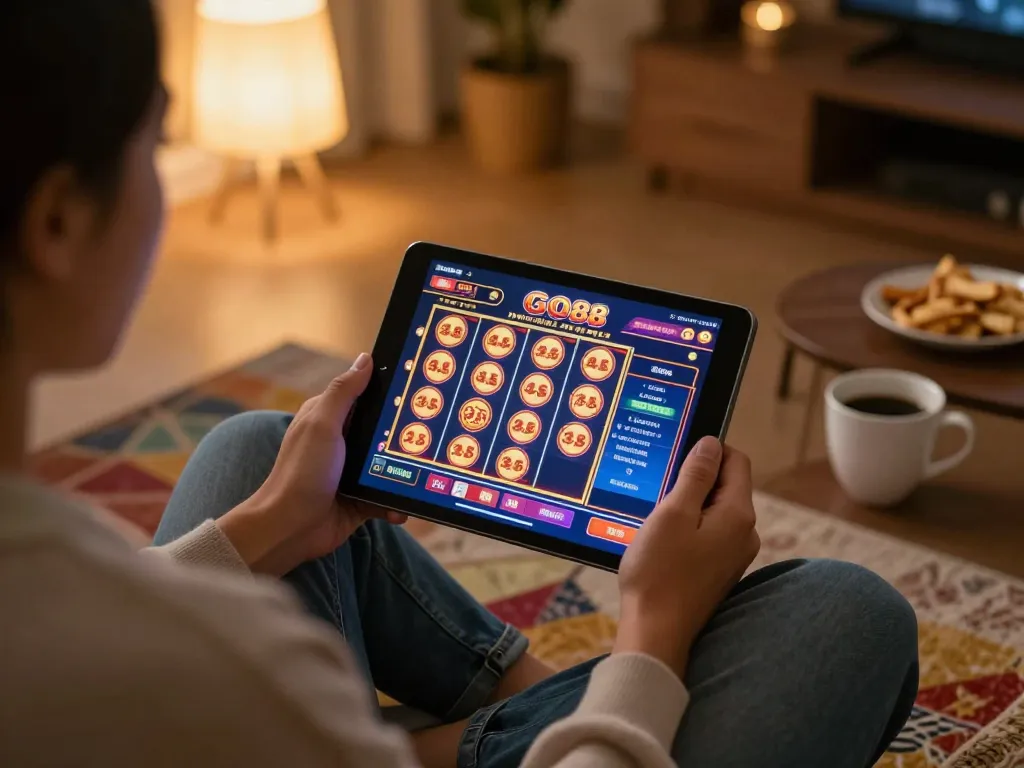 Player engaging in GO88 online gambling app on tablet, enjoying snacks in cozy home atmosphere.