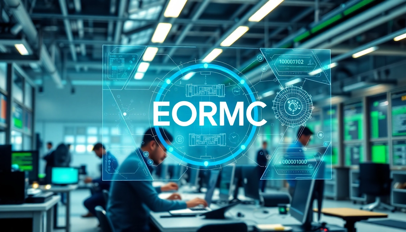 EORMC blockchain technology displayed in a vibrant, collaborative workspace with a holographic interface.
