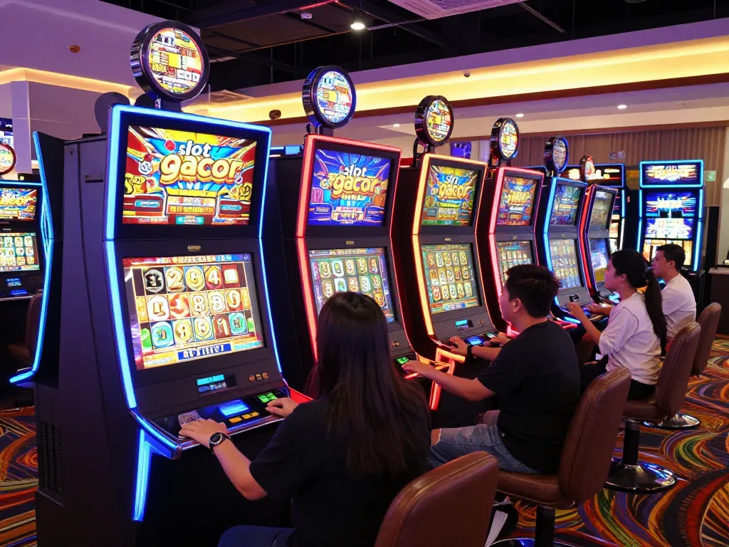 Players enjoying slot gacor machines in a colorful casino setting with thrilling action and vibrant atmosphere